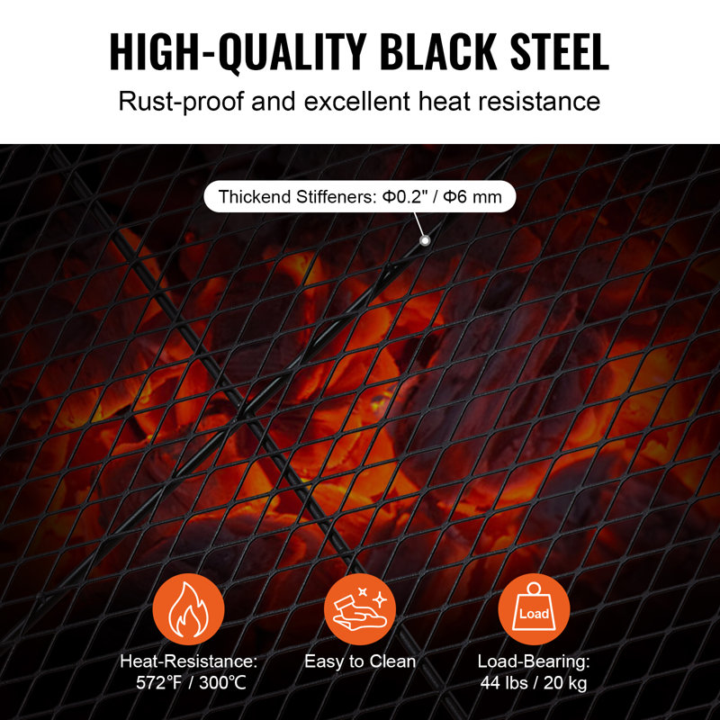Black Heavy Duty Steel Rectangular Fire Pit Grill Grate with Handles