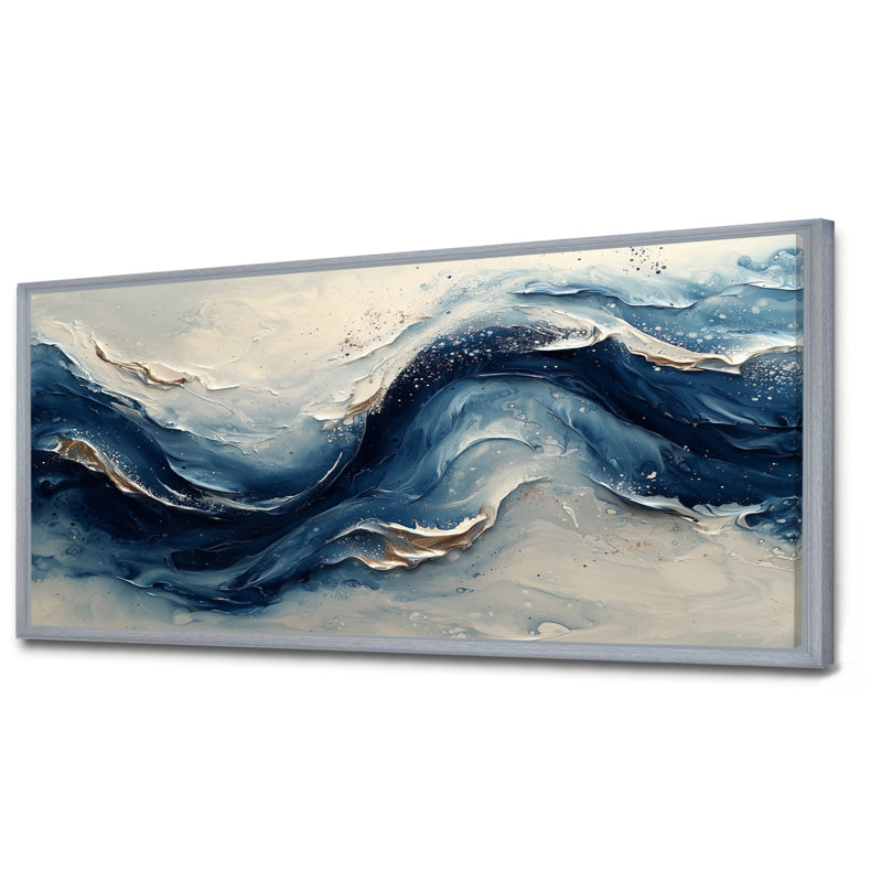 Blue Ink River Waves - Abstract Large Wall Art, Silver, 28" H x 60" W, Floater Framed