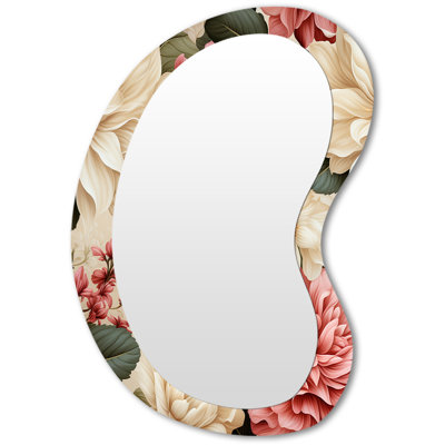 Antique Rose Muted Green Garden - Floral Unique Shape Large Mirror, Cottage Asymmetrical Unique Wall Mirror Decor, Printed Metal Art