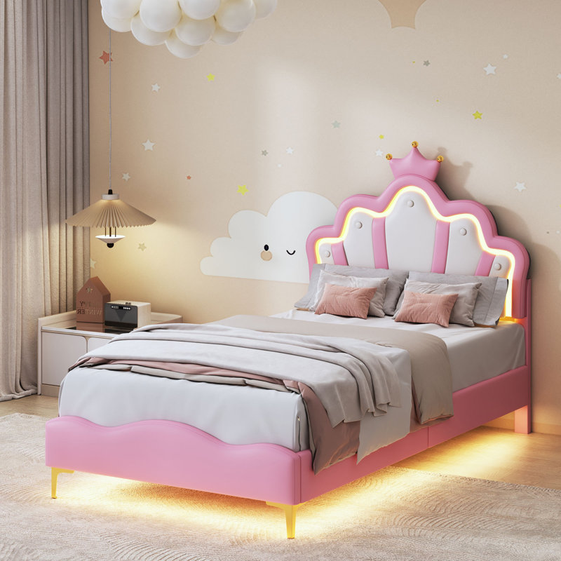 Upholstered Single (3') Faux Leather Bed, Pink