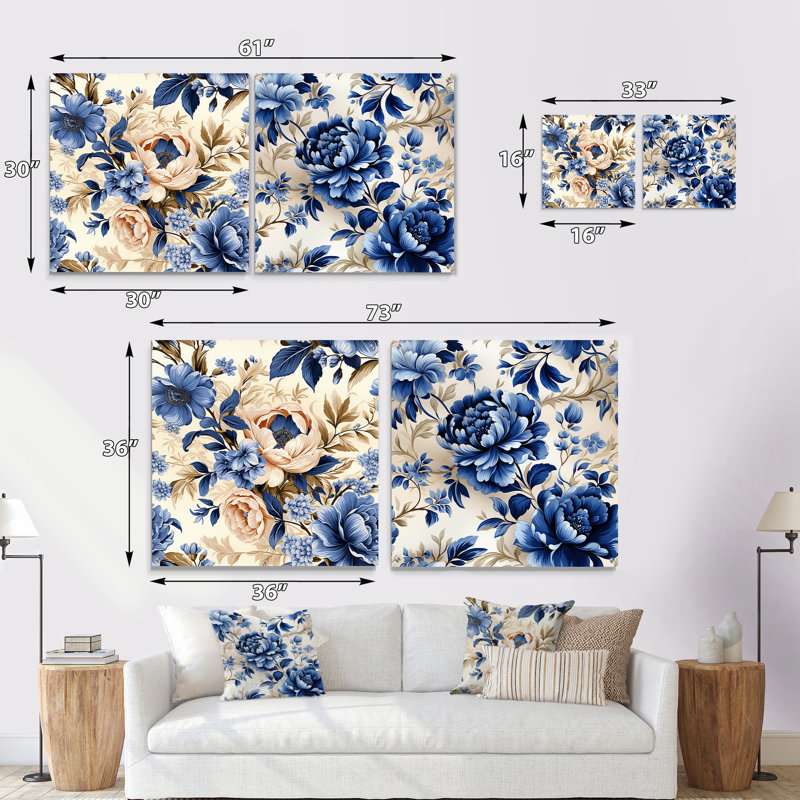 Motif victorien rococo bleu cobalt victorien - ensemble d'art mural en acrylique floral sur verre, H 16 po x l 33 po