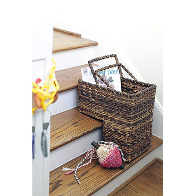 Fallon Braided Bankuan and Rattan Stair Basket with Whitewash Finish and Handles