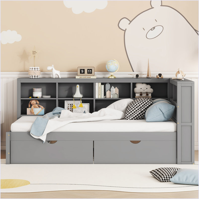 Daybed With Storage Shelf And USB Charging Ports, Twin, Gray