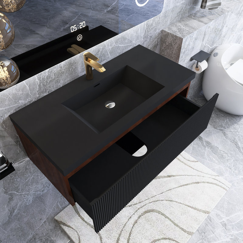 Meuble-lavabo mural moderne à rayures avec lavabo et tiroir à fermeture en douceur, 42"