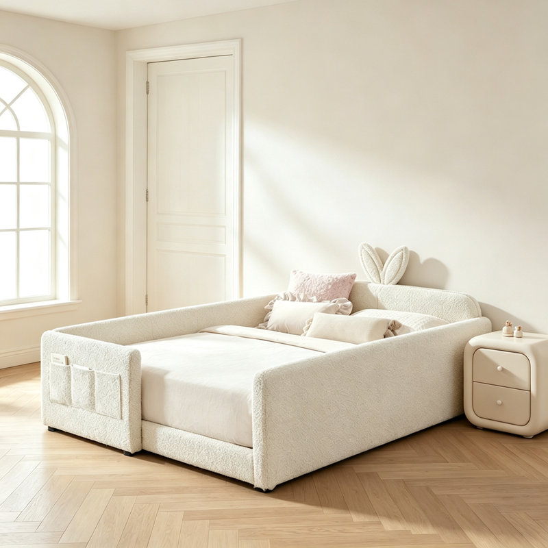 Full Size Cute Rabbit Ear Boucle Platform Bed with Safety Rail & Side Pocket, Beige, Full