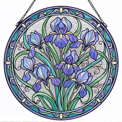 Iris Floral Stained Glass Window Panel，7.8H