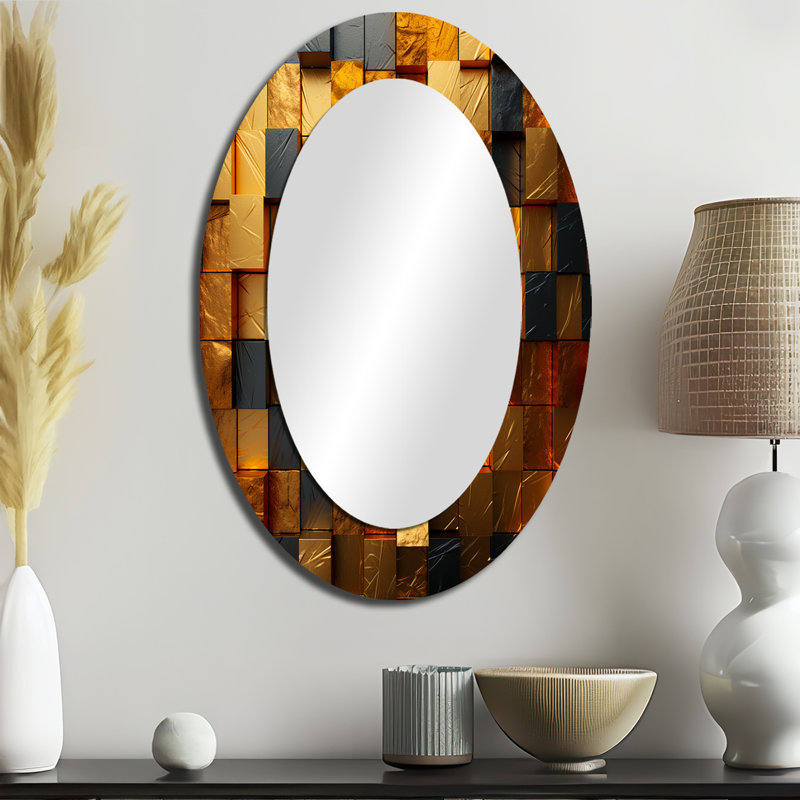 Miroir mural moderne ovale Grunge Gold Cubes, H 36 po x l 24 po