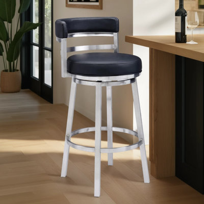 Deherrera Modern Swivel Counter or Bar Stool with Open Low Back and Footrest in Metal and Faux Leather