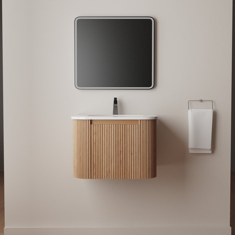 24" Curved Wall-Mounted Bathroom Vanity with Sink, Cultured Marble Top & Single Ceramic Sink, Pre-Assembled Striped Cabinet with Soft‑Close Drawer