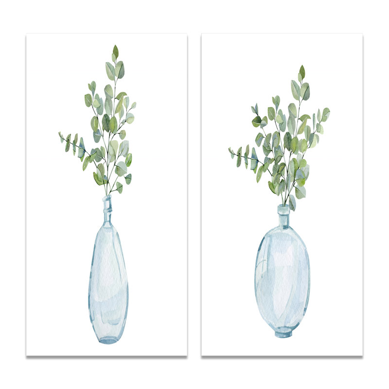 Plantes d'intérieur dans un vase en verre, branches d'eucalyptus - ensemble d'art traditionnel de 2 pièces