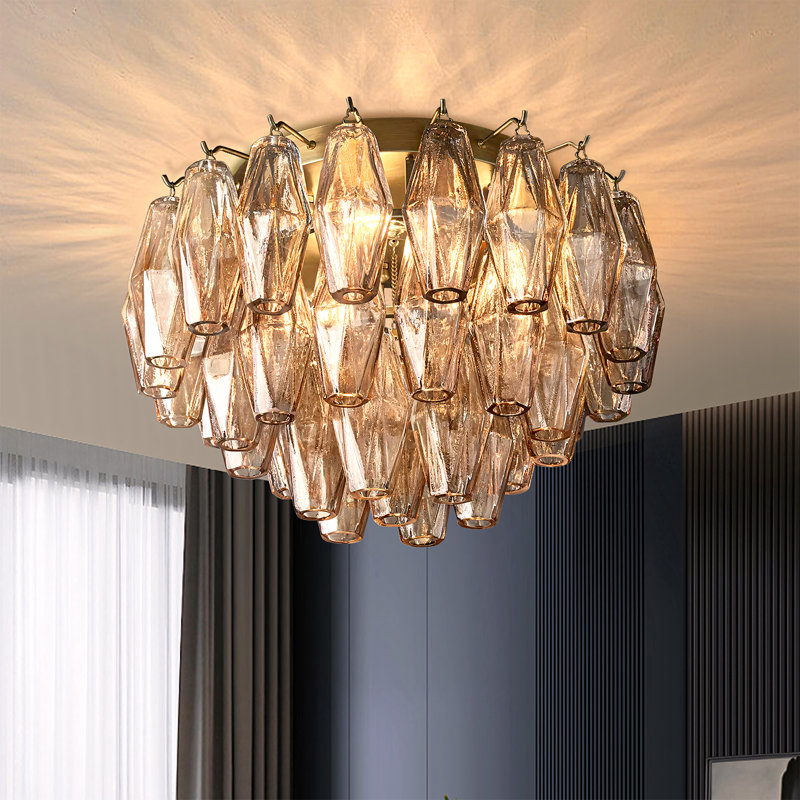 Plafonnier en cristal, H 11 po x l 17 po x P 17 po, Trois lumières, Doré