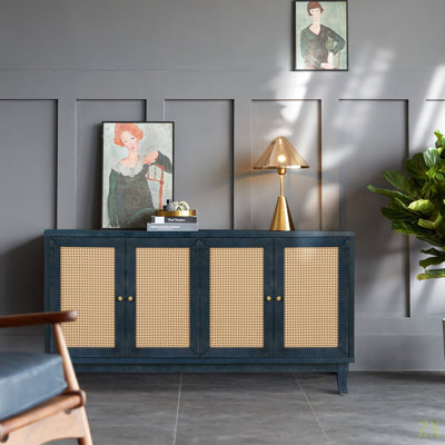 Handcrafted Premium Grain Panels,Rattan Sideboard Buffer Cabinet,Accent Storage Cabinet With 4 Rattan Doors, Modern Storage Cupboard Console Table With Adjustable Shelves For Living Room