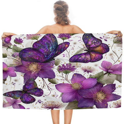Serviette de plage Flower Garden Serviette de plage légère en microfibre à séchage rapide sans microfibre, à imprimé aquarelle et papillons pour la natation, la piscine, les voyages, la gym, les femmes, l 32 x 63 po