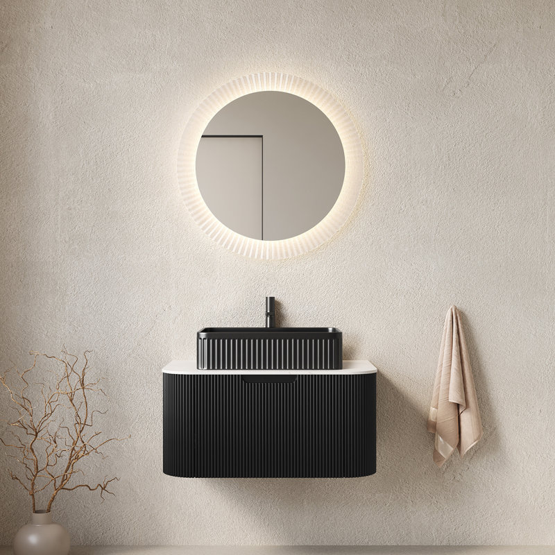 Bathroom Vanity with Sink, Wall-Mounted Floating Curved Edges Striped Bathroom Storage Cabinet with Drawer, Rectangular Ceramic Basin, No Faucet, Pre-assembled