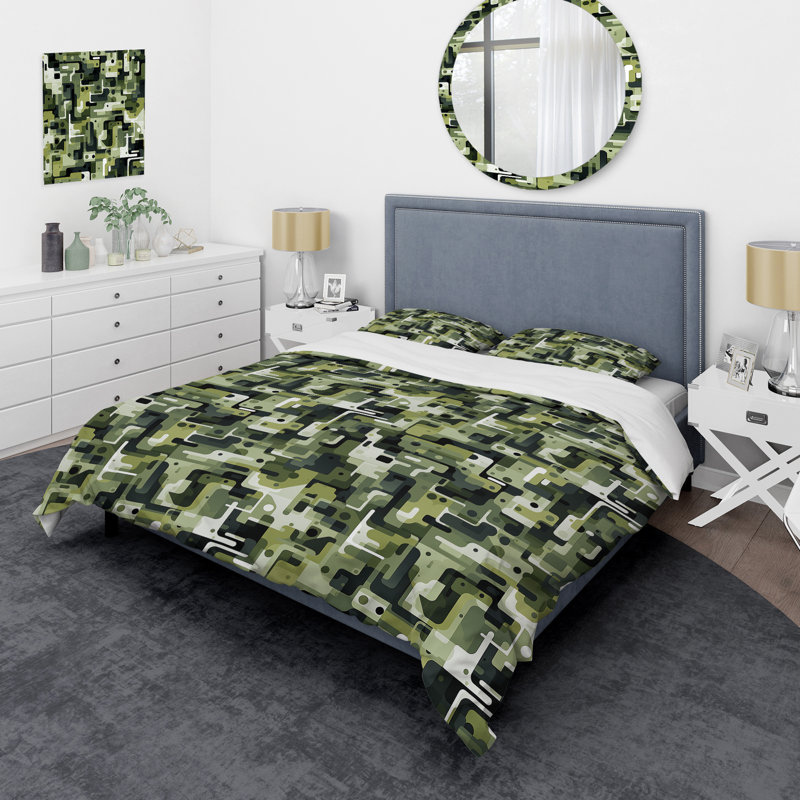 Green Urban Maze - Ensemble de housse de couette géométrique - Polyester microfibre