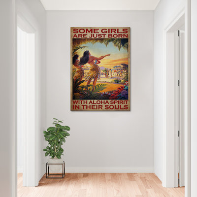 «People By The Beach - Some Girls Are Just Born With Aloha Spirit In Souls», toile tendue avec châssis, pour décor de filles de plage, décor de couloir bleu, rouge et brun