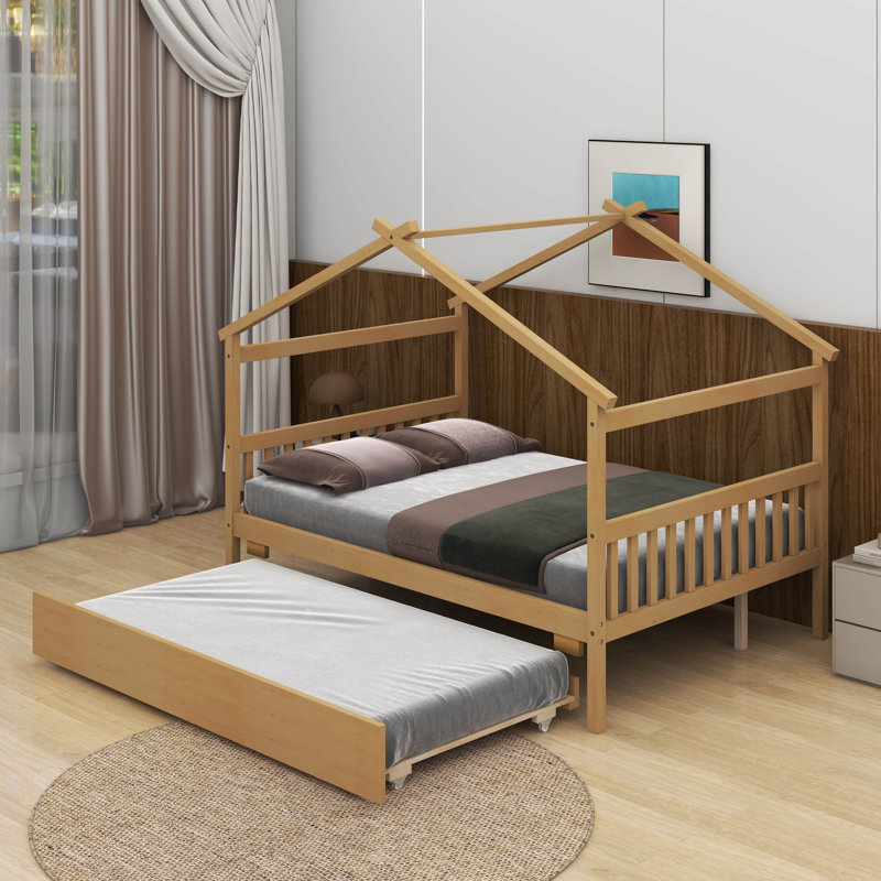 Lit double en bois avec lit gigogne, Naturel, Double