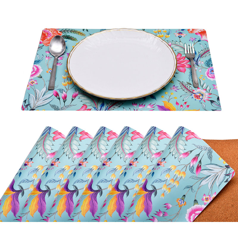 Reindert Floral Placemats Set of 6 with Botanical Teal Pattern for Dining Table & Christmas Home Decor Gift