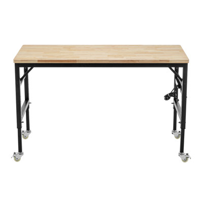 Établi réglable de 60 po pour le garage, poste de travail robuste en bois d'hévéa avec prises de courant et roues, table de travail en bois franc d'une capacité de charge de 2 000 lb pour atelier, garage, bureau, maison, commercial