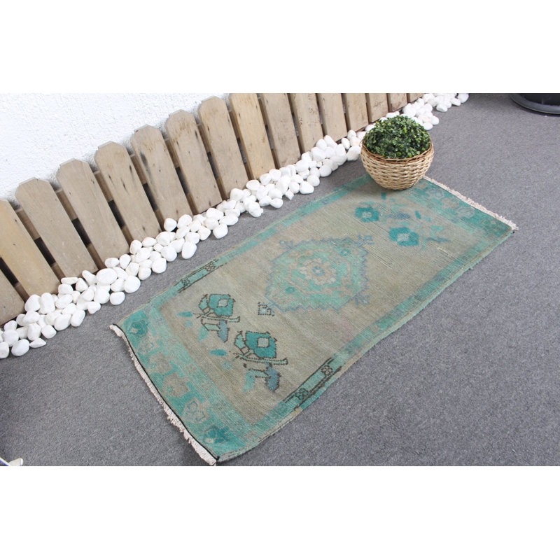 Vintage Anatolian Turkish Green Rug - Small Faded Oushak Carpet Ideal for Boho Decor