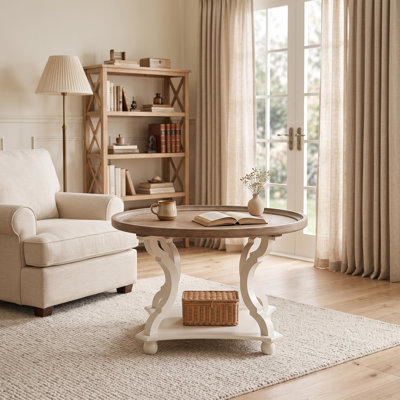 31.9" W Farmhouse Round Coffee Table with 2-Tier Storage Shelves