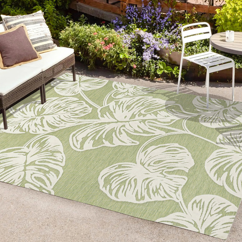 Craigwood High-Low Two-Tone Monstera Leaf Light Green/Ivory Indoor/Outdoor Rug, Rectangle 3'11" x 6'