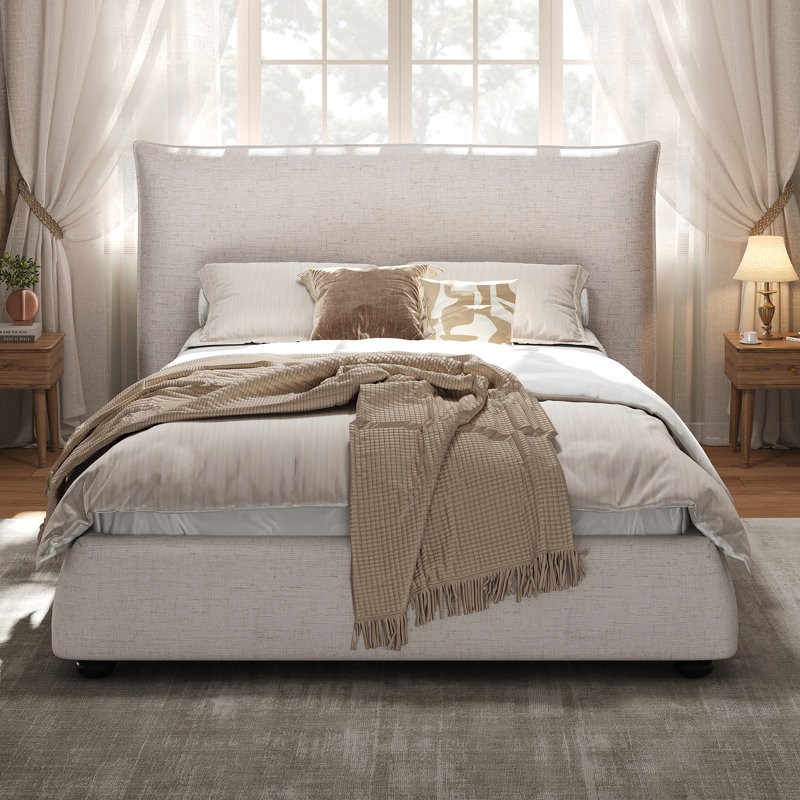 Upholstered Platform Bed With Linen Fabric Pillow-Back Headboard