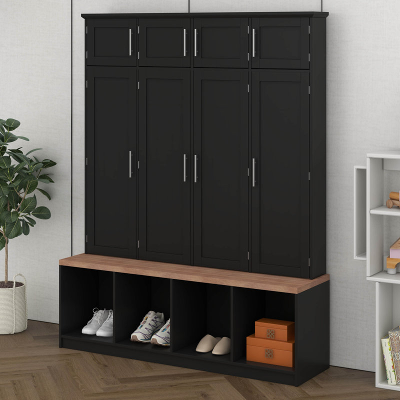 Farmhouse Hall Tree With 4 Hidden Hanging Hooks, Versatile Walnut Seating Bench With 8 Doors, Entryway Shoe Cabinet With Open Compartments