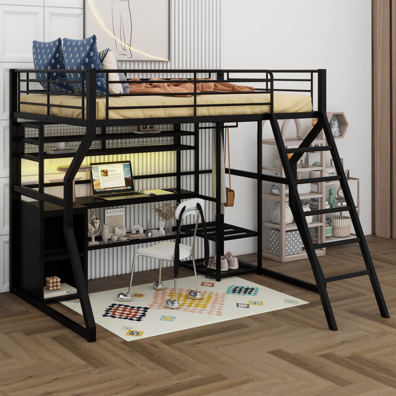 Full Size Metal Gaming Loft Bed With Built-In Work Station, Open Wardrobe, LED And Multiple Storage