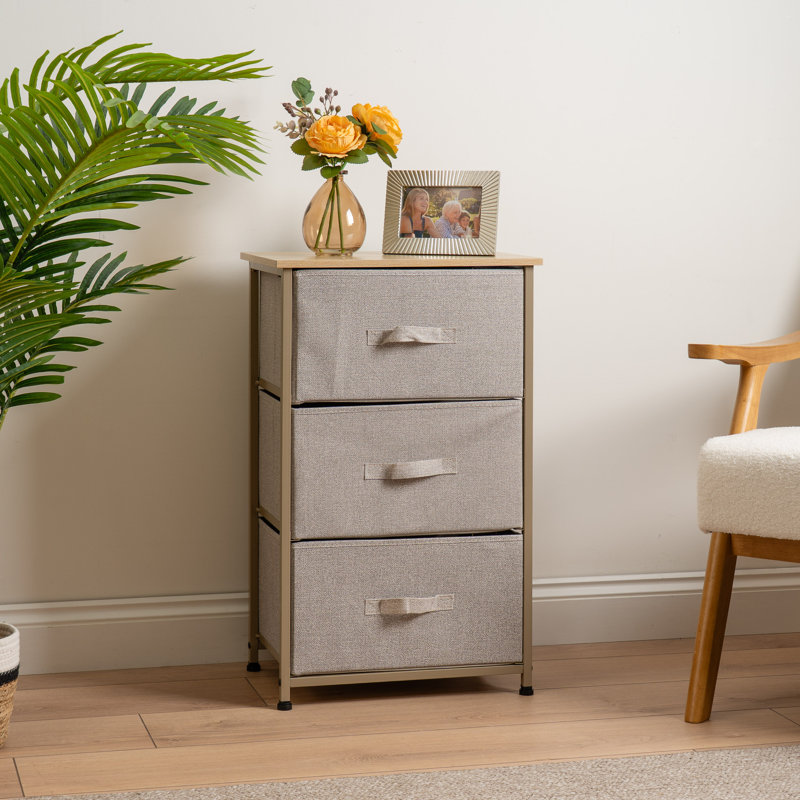 3 Drawer Beige Cabinet with Beige Fabric Drawers, Beige