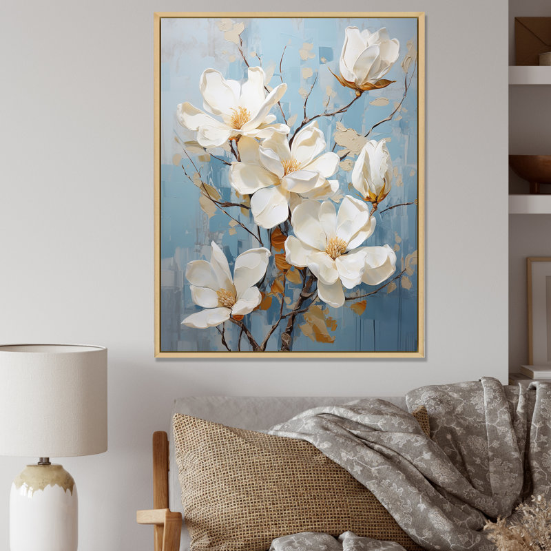 «Elegant White and Blue Magnolias Tranquility I», reproduction sur toile, Cadre naturel flottant