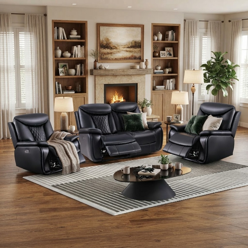 Ensemble de salon inclinable électrique en cuir synthétique 3 pièces avec causeuse et fauteuil inclinable, Noir