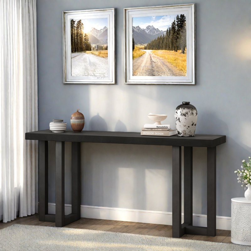 Modern Console Table With Geometric Design And Wood Legs, Black