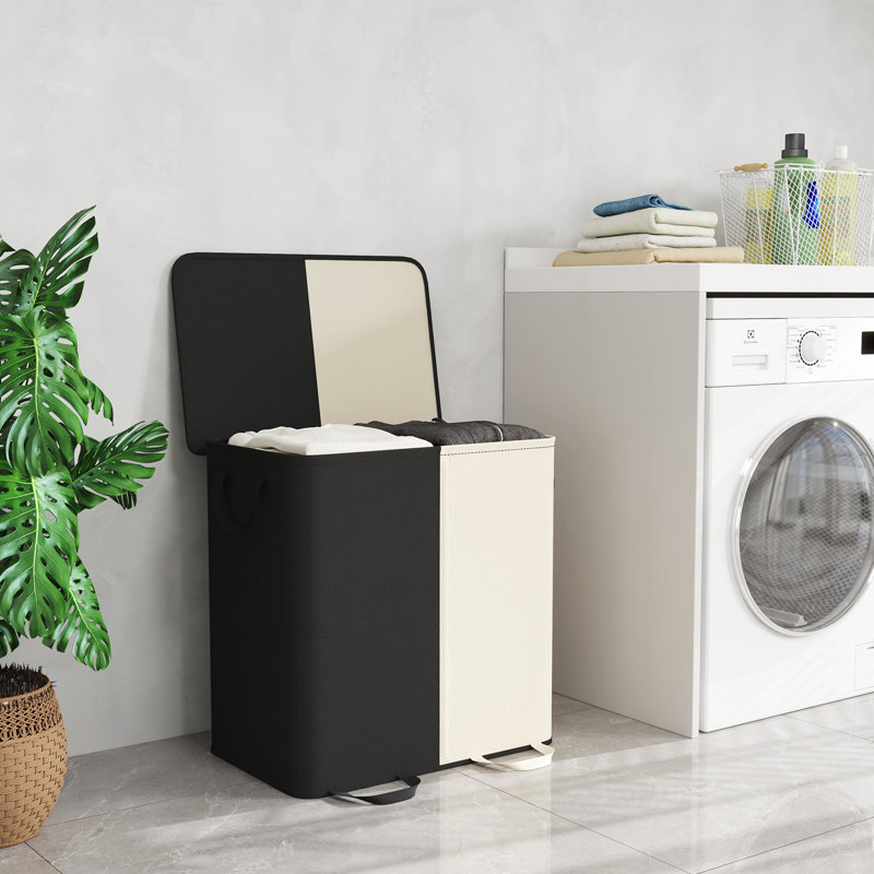 Double Laundry Hamper With Lid And Removable Laundry Bags, Large Collapsible 2 Dividers Dirty Clothes Basket With Handles For Bedroom, Laundry Room, Closet, Bathroom, College, White&black