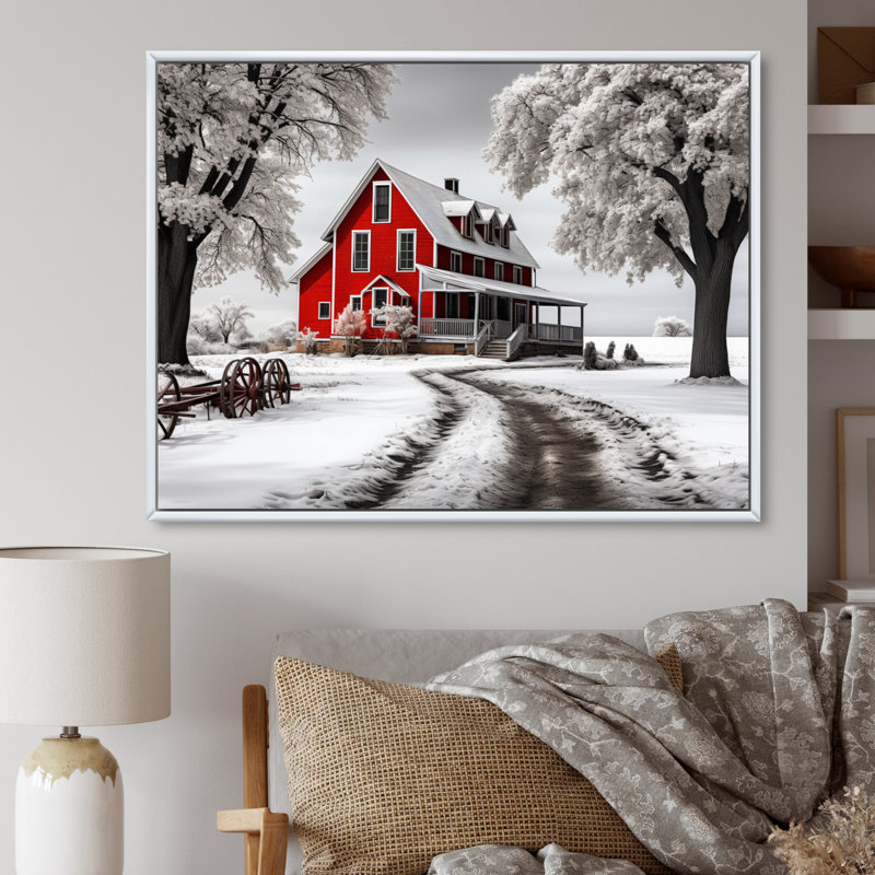 «Red and Gray Farmhouse Traditions», reproduction sur toile, H 34 po x l 44 po x P 1,5 po, Cadre flottant blanc