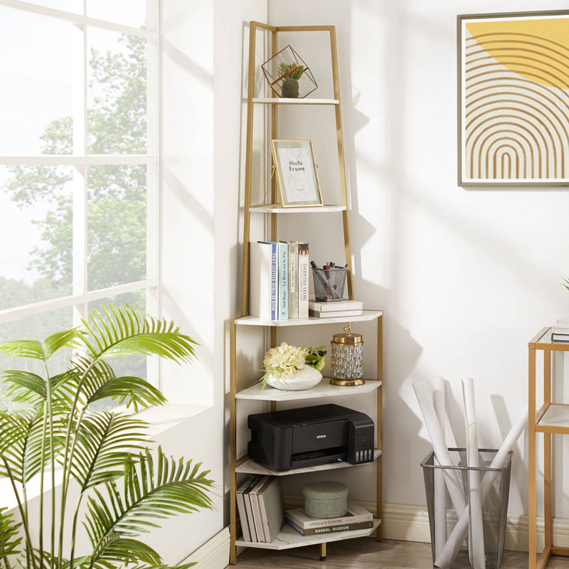 Pursel 68.5'' Tall 5 Tier Corner Bookcase 6 Tier Triangle Design Storage Bookcase Corner Shelf, White/Gold