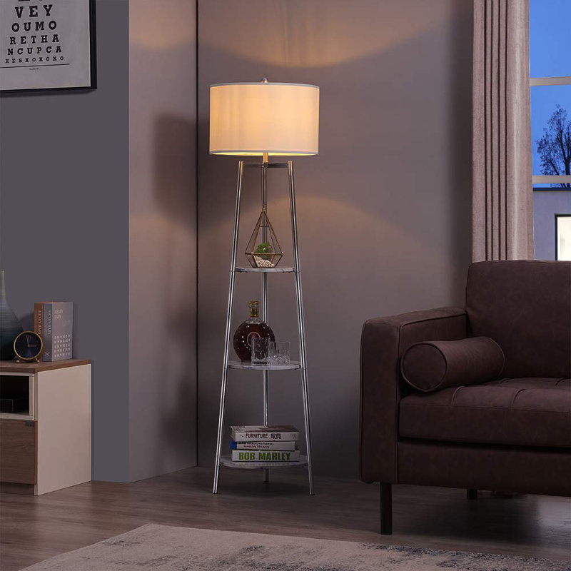 Luxueuse lampe sur pied à DEL dorée | Température de couleur réglable, tablettes de rangement supplémentaires, Argent