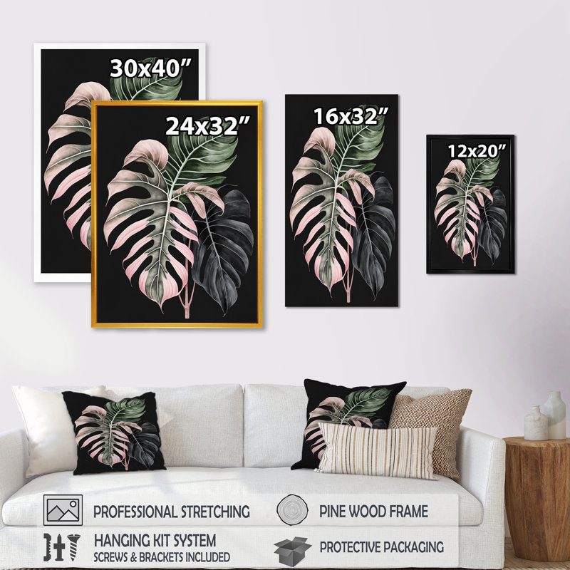 «Rose and White Philodendron Leaf II», reproduction sur toile, L 12 po x H 20 po, Impression dorée sur toile encadrée
