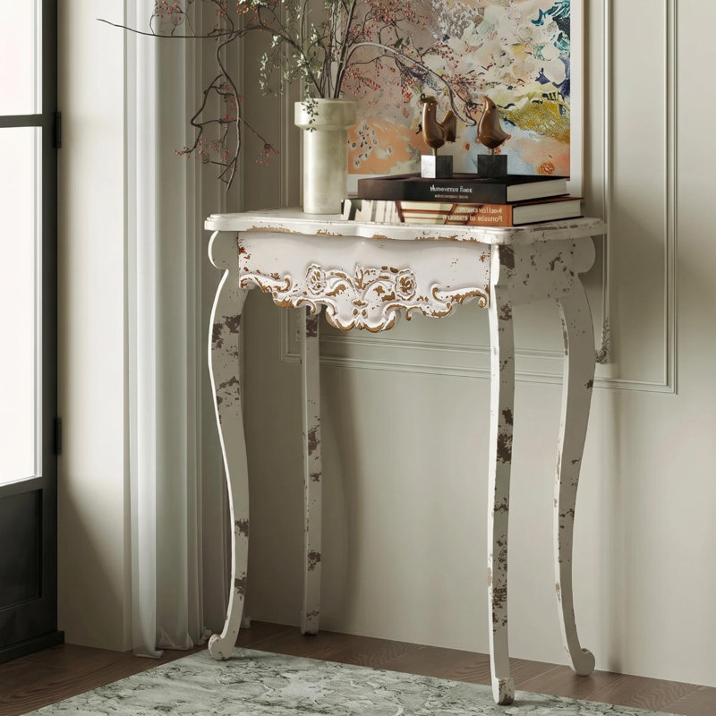 Ophelia & Co. Solid Wood & MDF French Country Antique Console Table - Classic Entryway Design with Distressed Finish and Carved Details