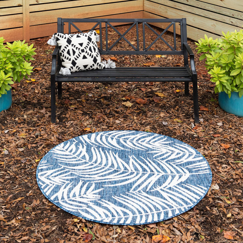 Lorewood Floral Navy Blue/Ivory Indoor/Outdoor Area Rug, Round 10'