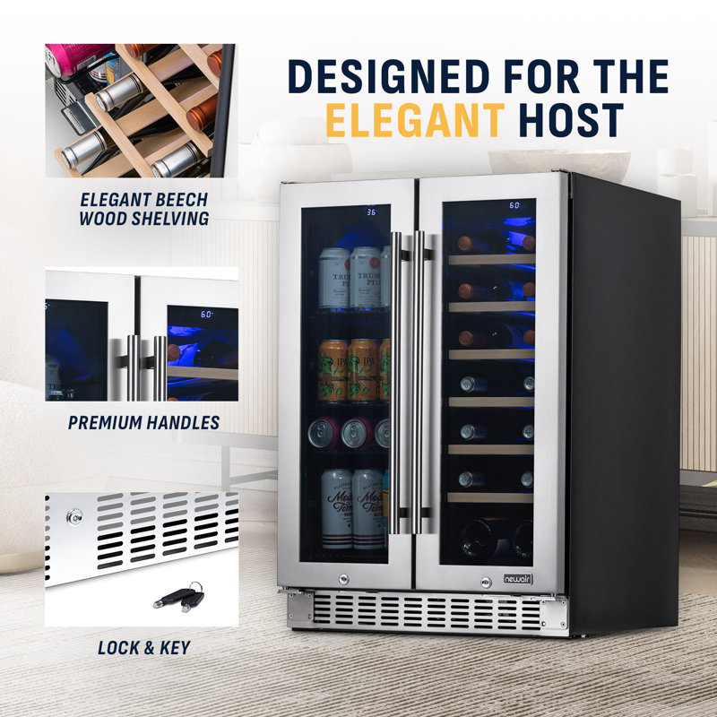 Newair 24" Premium Built-in Dual Zone 18 Bottle and 58 Can French Door Wine and Beverage Fridge
