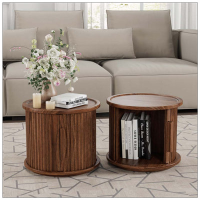 Ensemble de 2 tables basses rondes avec rangement à porte coulissante et colonne romaine cannelée