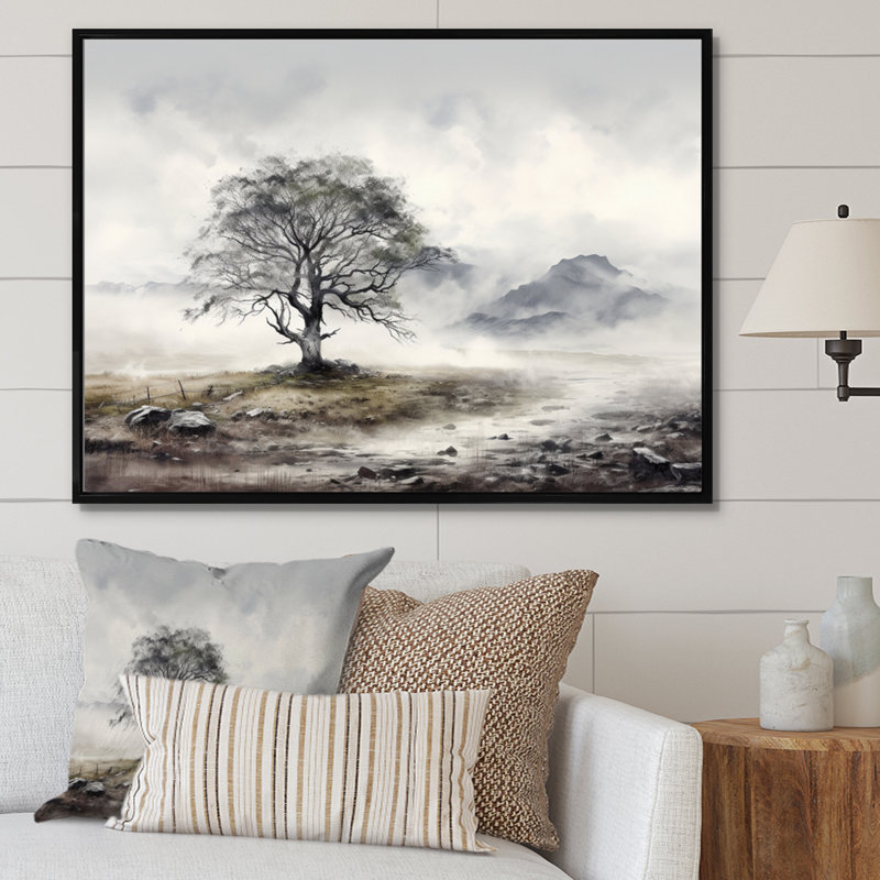 Monochrome Misty Tree Landscape II - Floral Wall Art Living Room, H 12 po x l 20 po x P 1 po, Cadre flottant noir