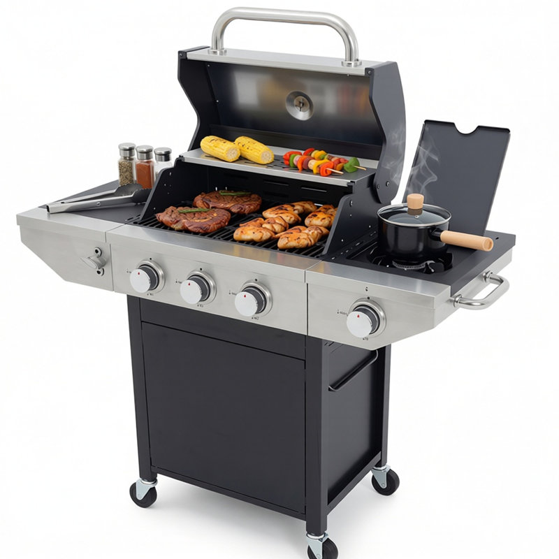 Barbecue au propane extérieur en acier inoxydable avec barbecue au propane 26 000 BTU avec tablettes latérales, couvercle, roues et ouvre-bouteille, finition noire