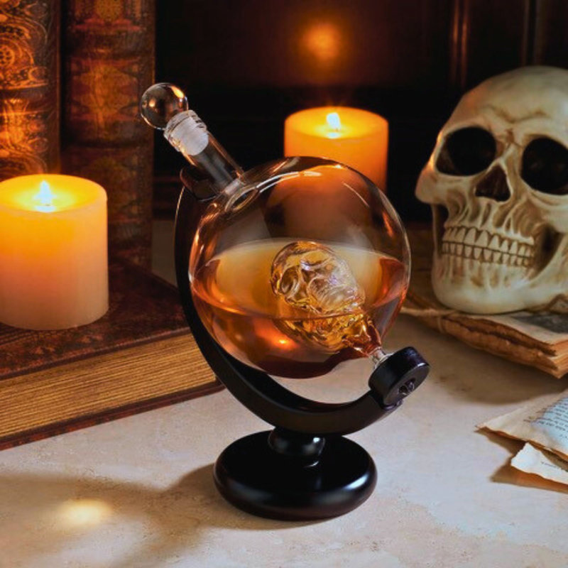 Clear Crystal Skull Whiskey Decanter with Dark Wood Base