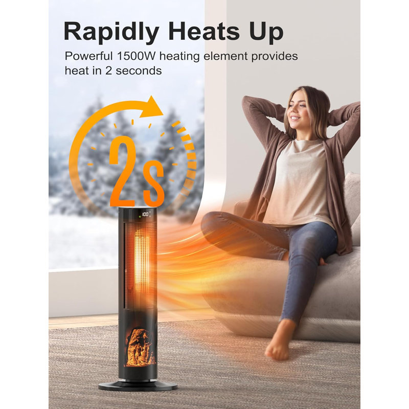 Nordic Hygge 1500-Watt Electric Tower Oscilating Space Heater with Digital Display, Timer and Remote Control