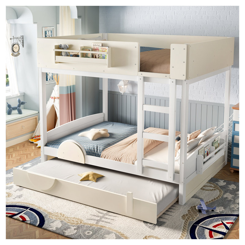Lit superposé double avec lit gigogne, structure en bois de style automobile beige et blanc
