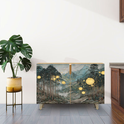Sideboard Buffet Cabinet with Storage Dreamy Misty Pine Forest with 2 Doors for Living Room and Kitchen