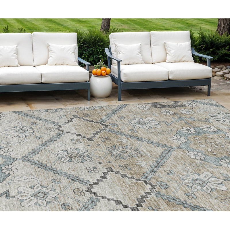 Tapis extérieur lavable floral beige taupe et brun clair 10 pi x 14 pi