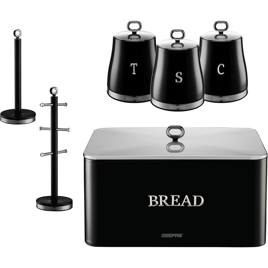 GEEPAS RetroVive Tea Coffee Sugar Canister, Bread Bin, Mug Tree & Towel Pole Set | 13L Bread Box 1.4L Airtight Canister Set | Carbon Steel Build Kitch